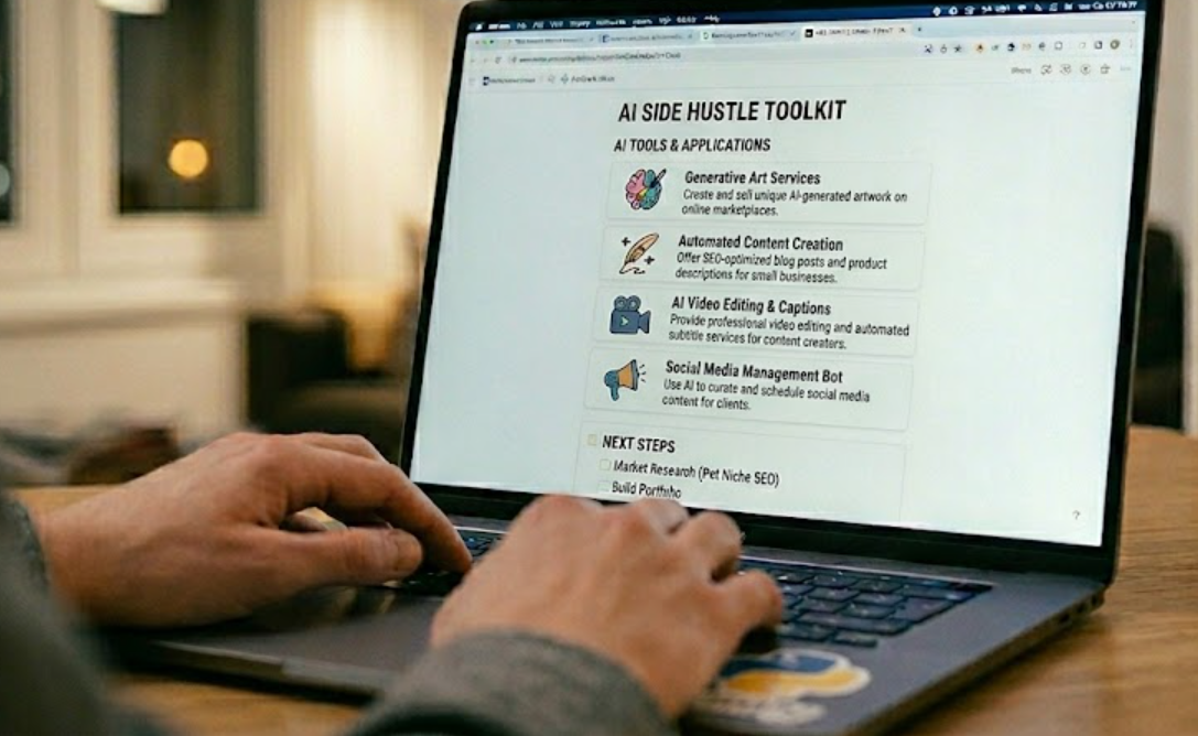 Laptop screen showing AI tools for side hustle ideas