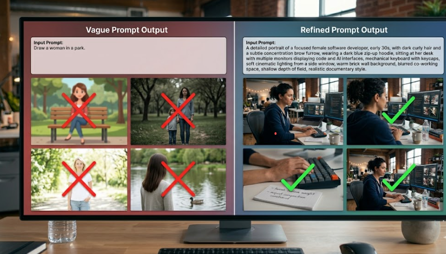 Side-by-side comparison of vague prompt output versus refined prompt output