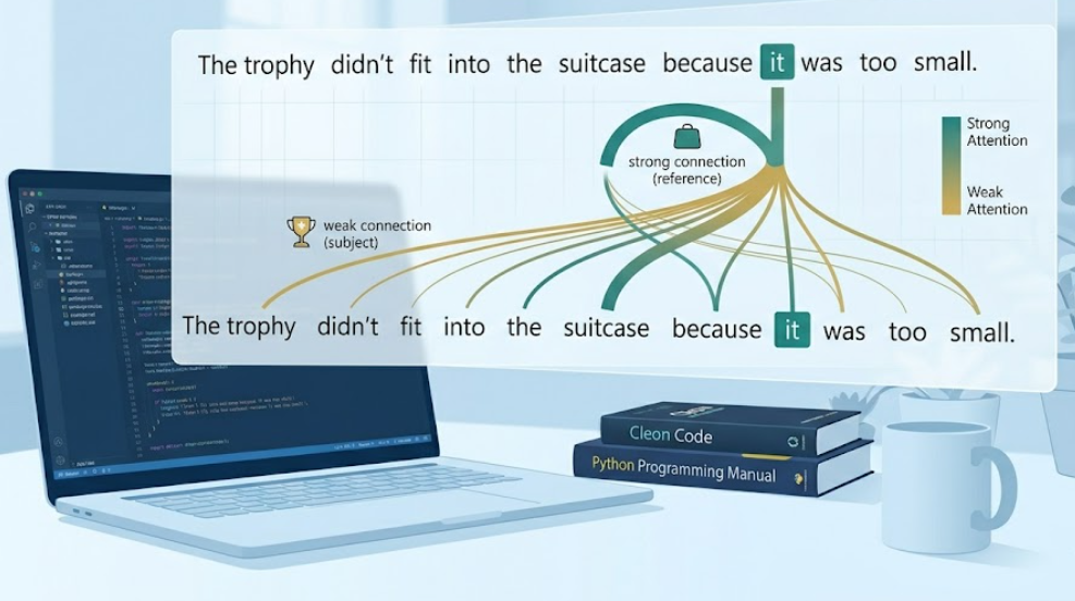 Simplified transformer attention diagram connecting related words