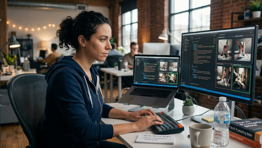 Developer refining an AI prompt while reviewing outputs on screen